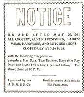 Business opening and closing hours 1931