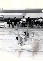Two swimmers doing synchronized routine in pool.
