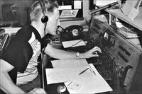 Clare Powell hosting the CFAR Mailbag Show in 1957.