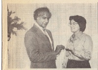 March 1983 Mayor Nazir Ahmad presenting a Jubilee Year coin to artist Annette Kirby