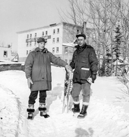 Two Men with Snowshoes, Cambrian Hotel Sherridon in Background 