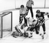 Extra Old Stock battling during the Roller Goodman Memorial Hockey Tournament in Flin Flon.