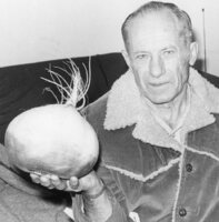 George Lypka with his award-winning turnip in the 1989 Horticultural Society Show.