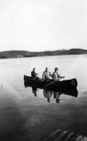 Three People in A Canoe Bearing the Churhill River Power Logo C 1929