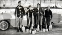 Four Boys with Cordwood Bonspiel Broom and Rocks (Hockey Sticks)