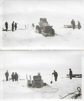 tractor breaking through slush ice while coming out of the lake